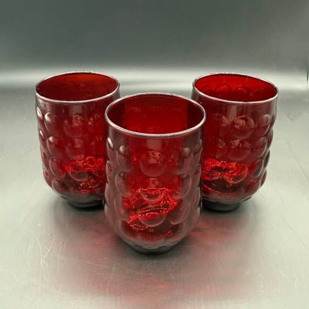 Vintage Anchor Hocking Ruby Red Thumbprint Glass Tumblers - Set of 3